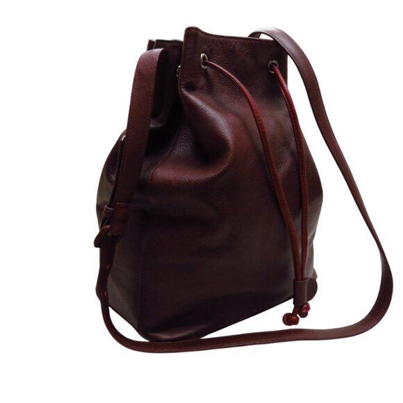Leather Crossbody Bucket Bag with Drawstring Closure Red Mahogany - Picture 7 of 9